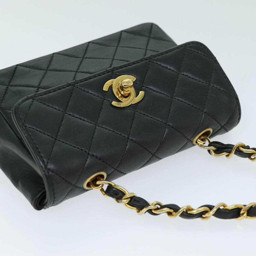 Chanel Mini Matelasse Turn Lock Chain Bag Lamb Skin Black CC Auth 72435A
