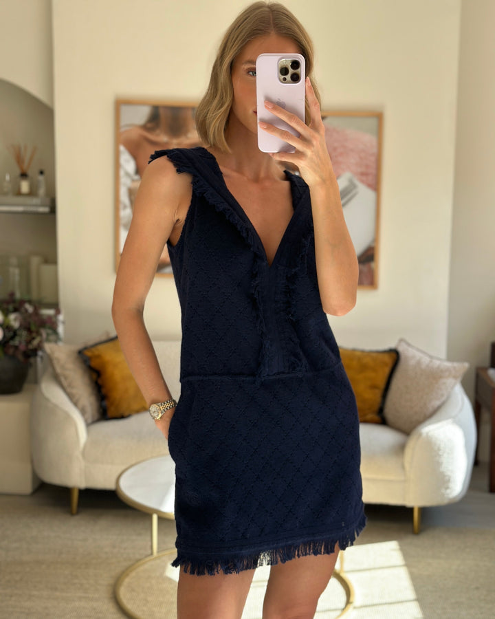 *FIRE PRICE* Top Quality Chanel Navy Sleeveless Towel Beach Dress with Hood Size FR 36 (UK 8)