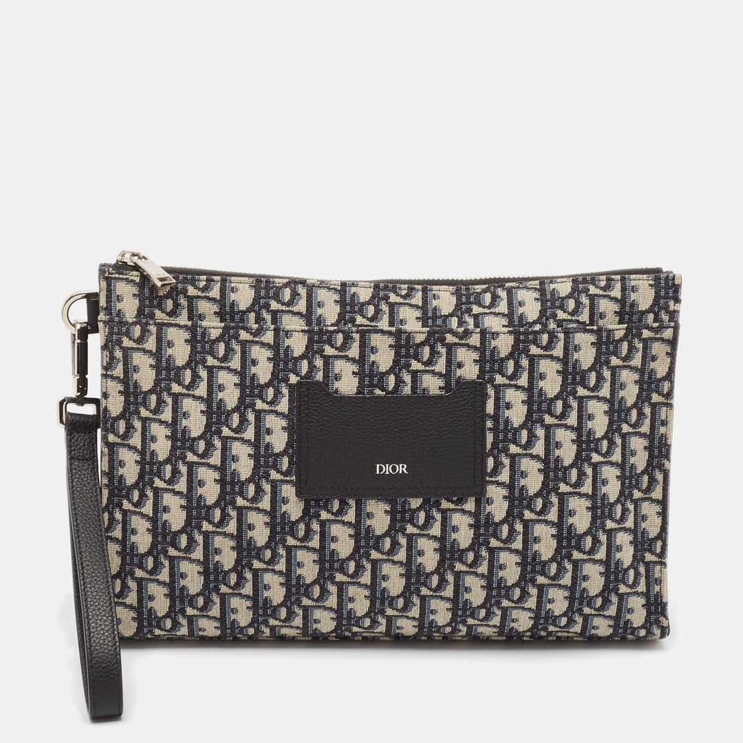 Top quality Dior Black Oblique Canvas and Leather Wristlet Zip Pouch