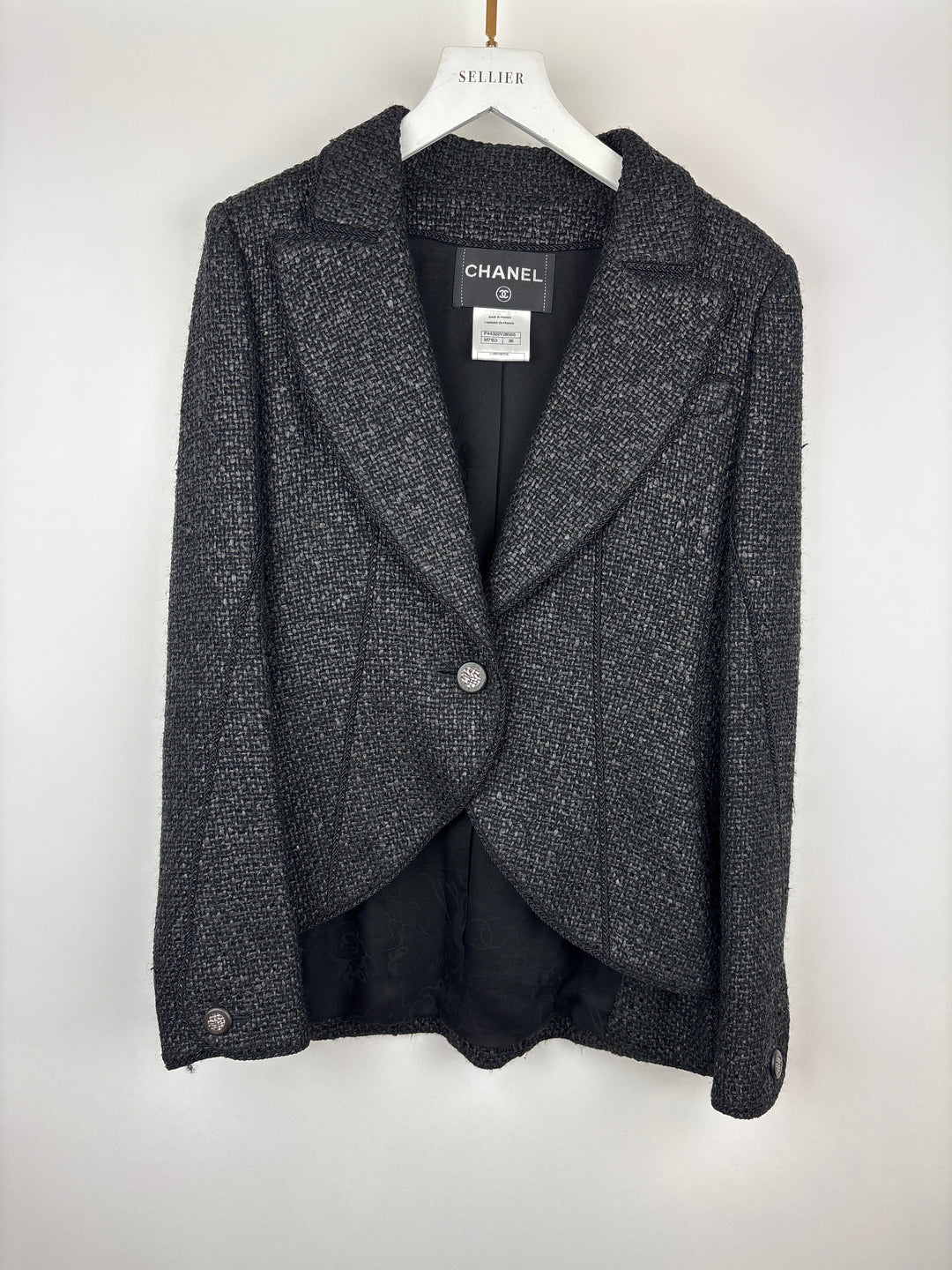Top Quality Chanel Black Coated Tweed Curved Hem Jacket with Silver CC Button Detail FR 36 (UK 8)