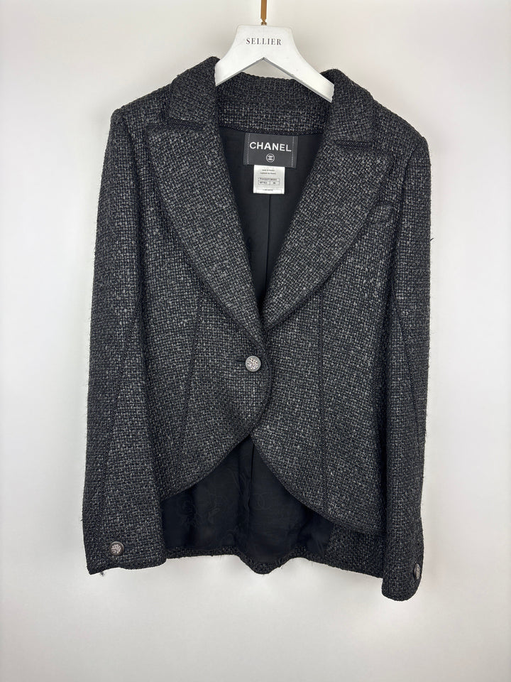 Top Quality Chanel Black Coated Tweed Curved Hem Jacket with Silver CC Button Detail FR 36 (UK 8)