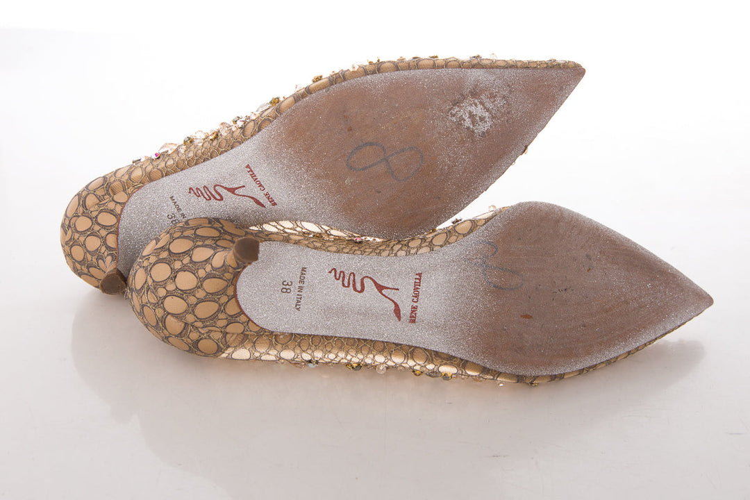Rene Caovilla Gold Jeweled Lace Heels SZ 38