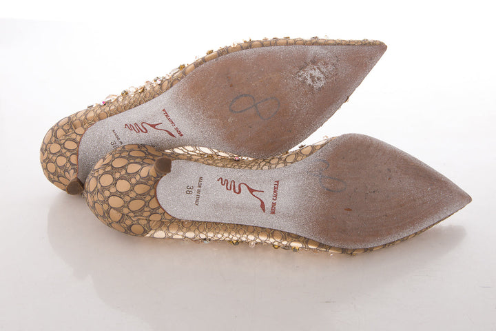 Rene Caovilla Gold Jeweled Lace Heels SZ 38
