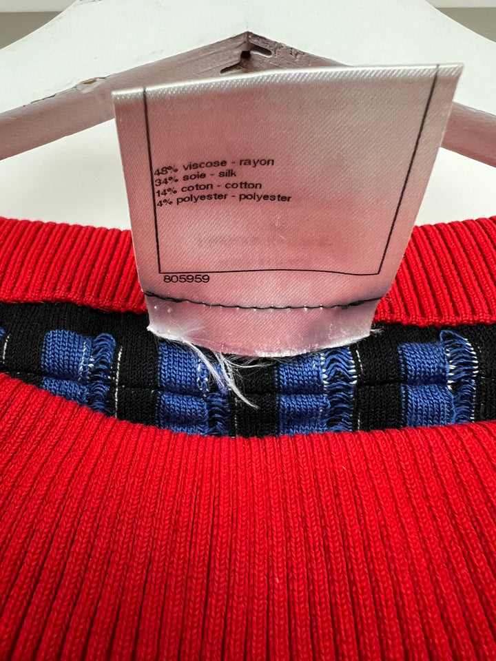 Top Quality Chanel SS13 Red Knit Jumper with Pearl Pockets & Blue and White Window Detail Size FR 36 (UK 8)