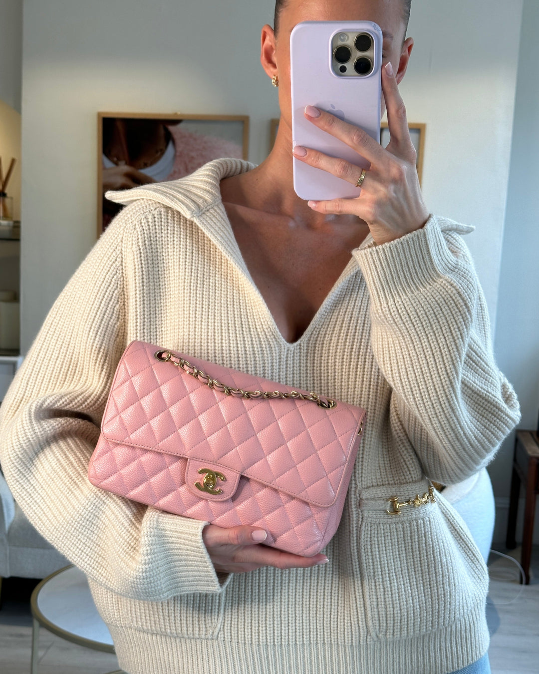 *HOT* Top Quality Chanel Bubblegum Pink Vintage Classic Medium Double Flap Bag in Caviar Leather with 24K Gold Hardware