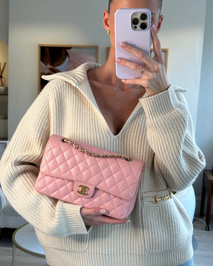 *HOT* Top Quality Chanel Bubblegum Pink Vintage Classic Medium Double Flap Bag in Caviar Leather with 24K Gold Hardware