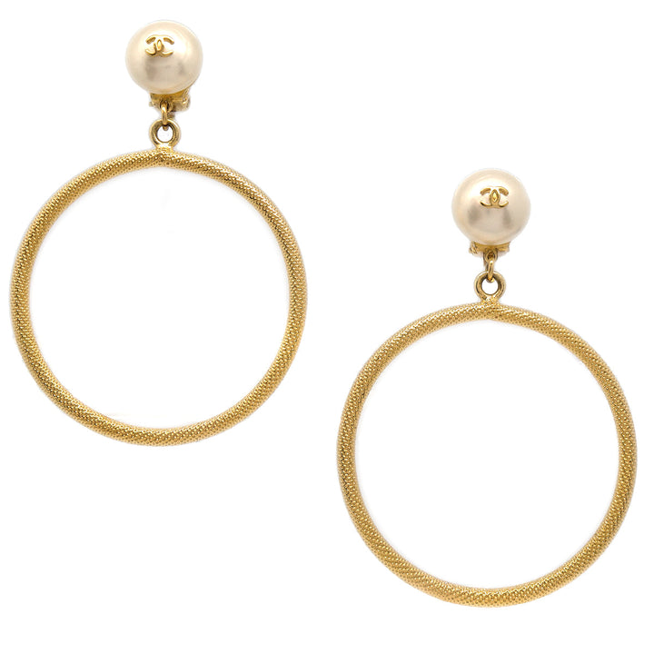Top Quality Chanel Hoop Earrings Gold Artificial Pearl Clip-On 97P