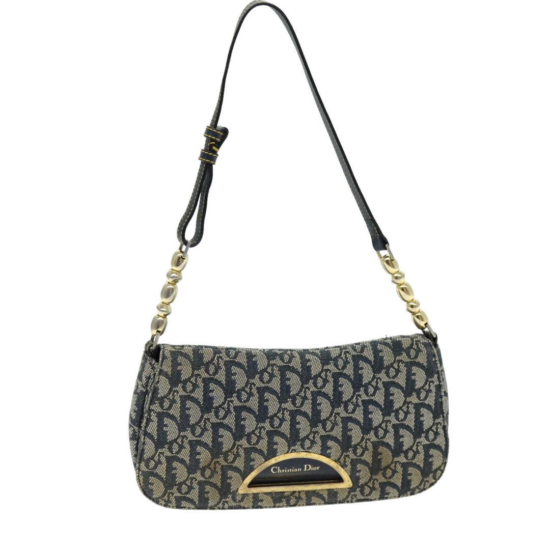 CHRISTIAN Top quality Dior Trotter Canvas Maris Pearl Shoulder Bag Navy Auth 75455