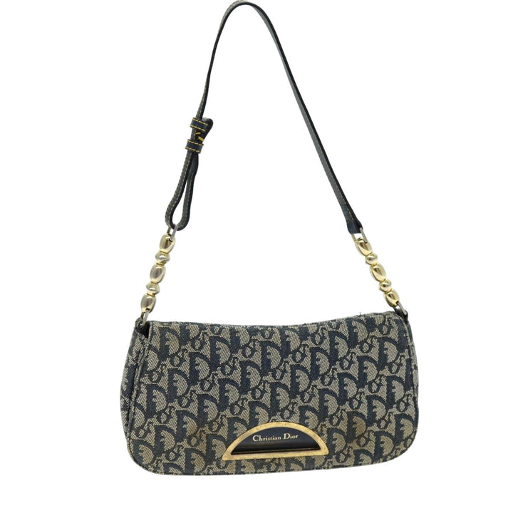 CHRISTIAN Top quality Dior Trotter Canvas Maris Pearl Shoulder Bag Navy Auth 75455