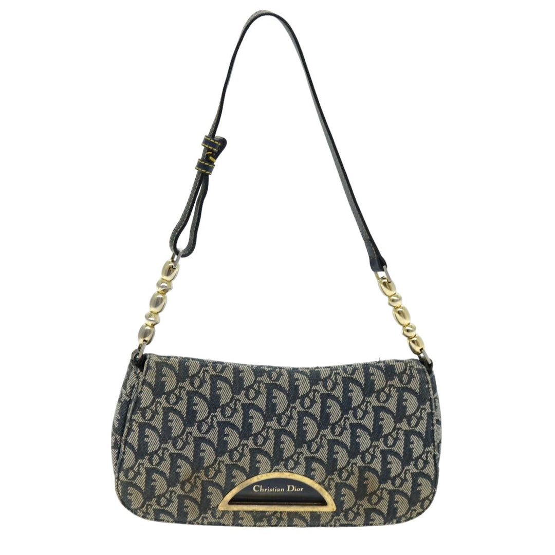 CHRISTIAN Top quality Dior Trotter Canvas Maris Pearl Shoulder Bag Navy Auth 75455