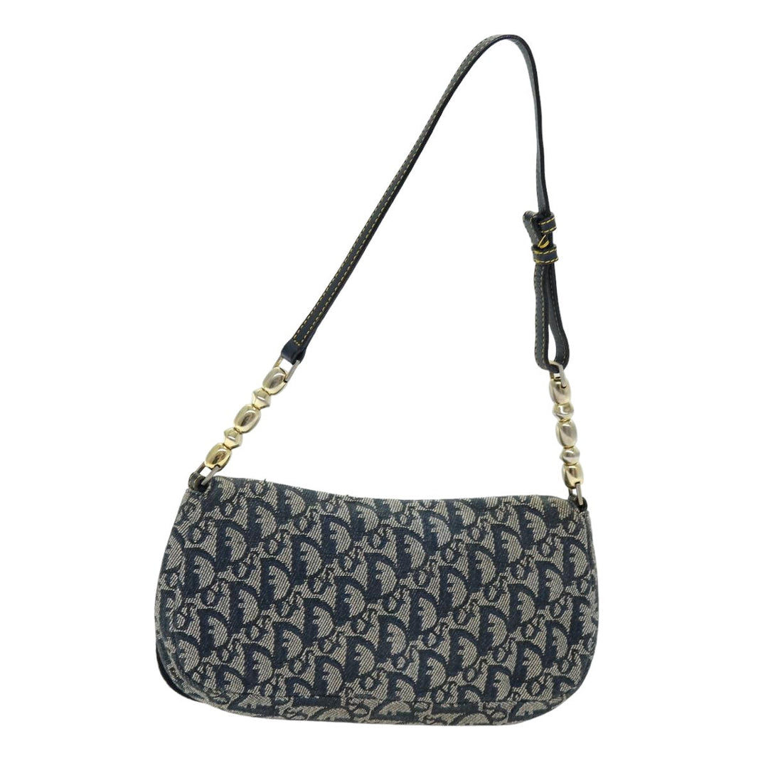 CHRISTIAN Top quality Dior Trotter Canvas Maris Pearl Shoulder Bag Navy Auth 75455