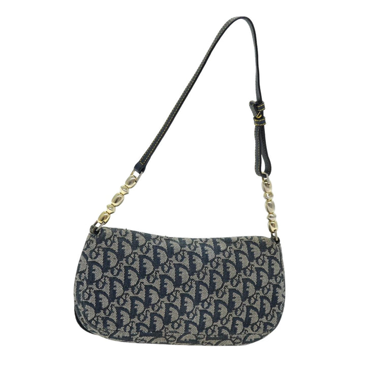 CHRISTIAN Top quality Dior Trotter Canvas Maris Pearl Shoulder Bag Navy Auth 75455