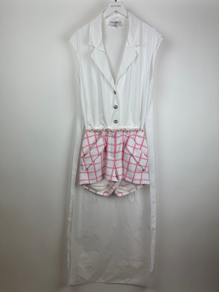 *HOT* Top Quality Chanel Resort 2023 White Shirt Playsuit with Checked Pink Detachable Shorts & Long Train Detail Size FR 34 (UK 6)