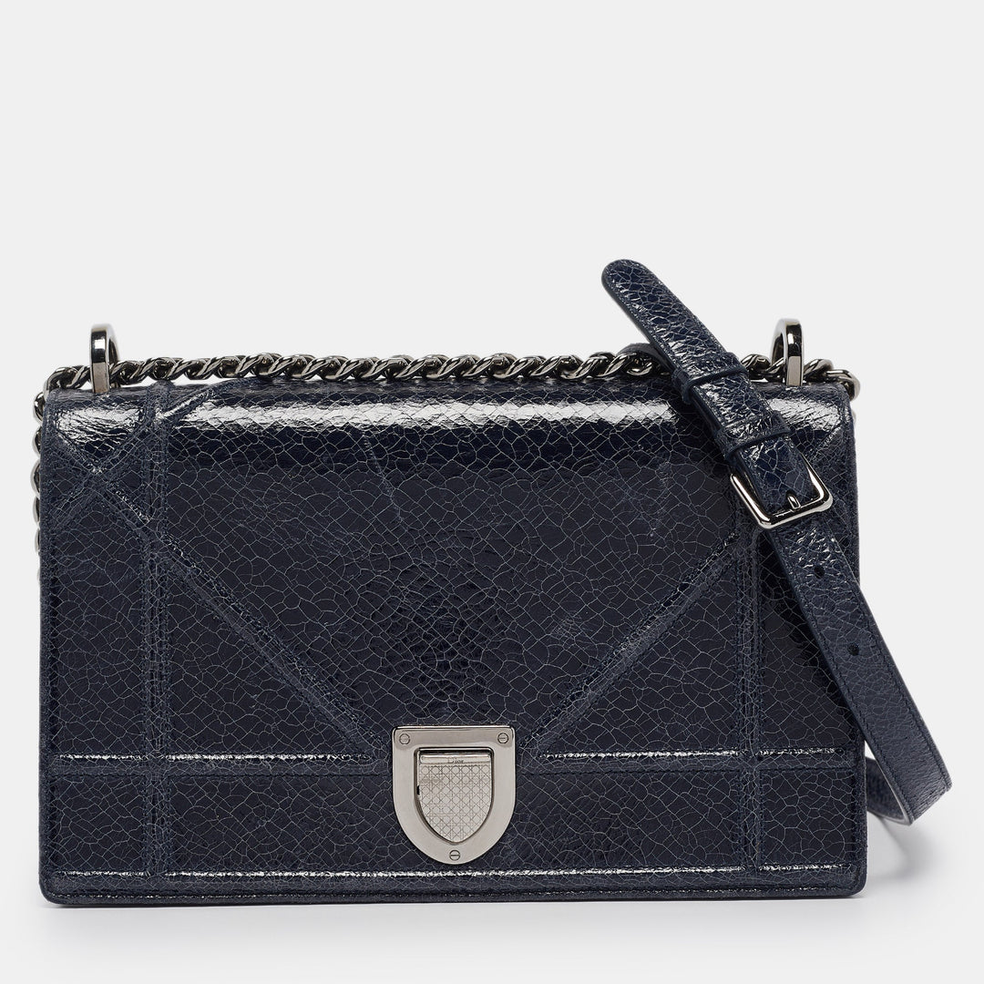 Top quality Dior Navy Blue Crinkled Patent Leather Medium Top quality Diorama Shoulder Bag