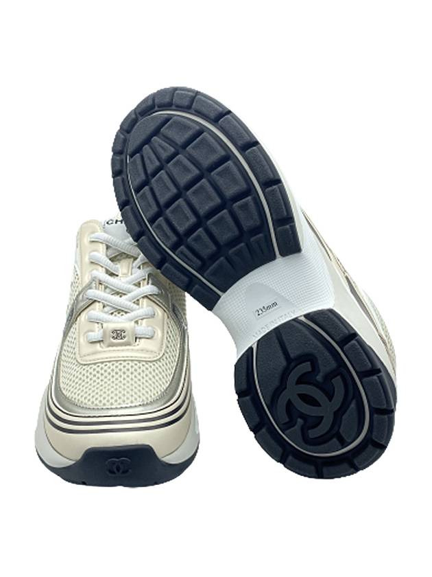 Women CC Logo Fabric Laminated Low Top Sneakers Silver Ivory Chanel