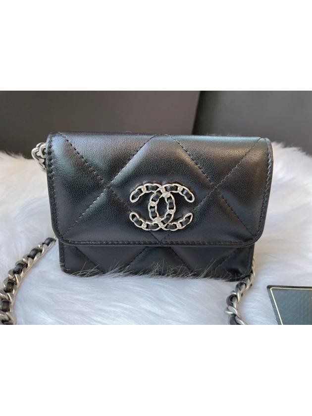 Silver Hardware 19 Chain Lambskin Card Wallet Black Chanel