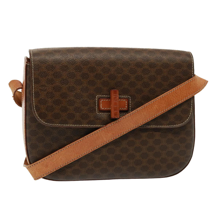 Celine Macadam Canvas Shoulder Bag PVC Leather Brown Auth 77717