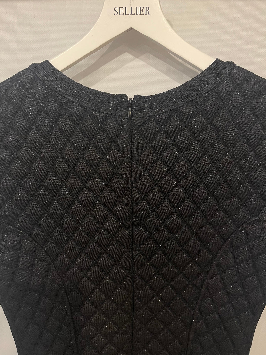 Top Quality Chanel Black Padded Shimmery Short Sleeve Bodycon Mini Dress with CC Logo Detail Size FR 40 (UK 12)