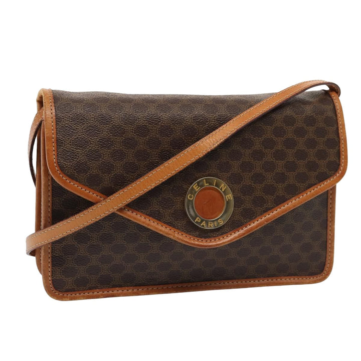 Celine Macadam Canvas Shoulder Bag PVC Leather Brown Auth 78220