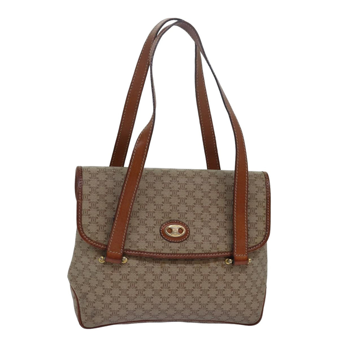 Celine Macadam Canvas Shoulder Bag Leather Beige Auth 78316