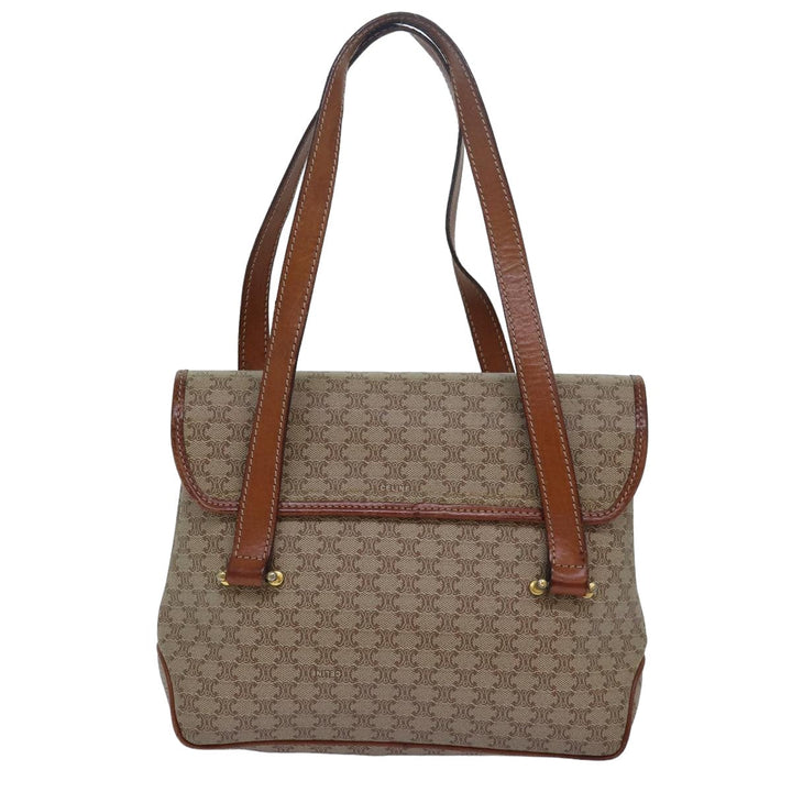 Celine Macadam Canvas Shoulder Bag Leather Beige Auth 78316