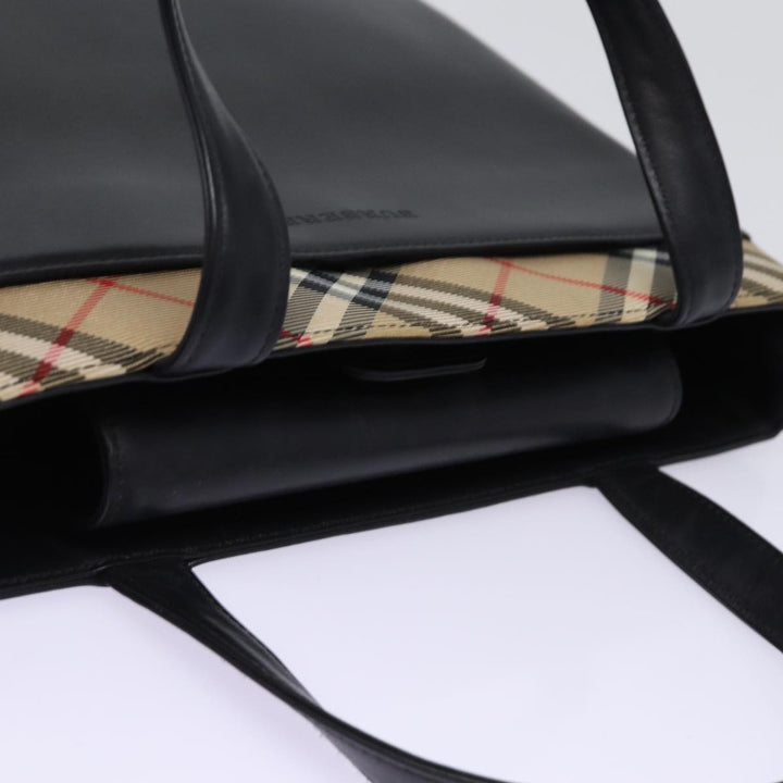 Burberry Nova Check Hand Bag Nylon Leather Beige Black Auth 78540
