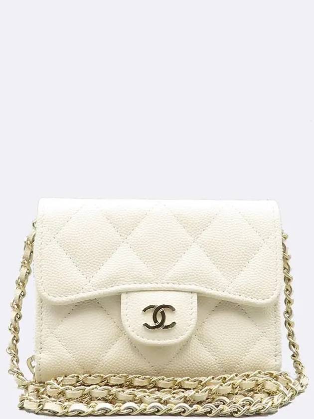 AP2569 White Color Caviar Skin Card Holder Zip Up Wallet On Chain Chanel