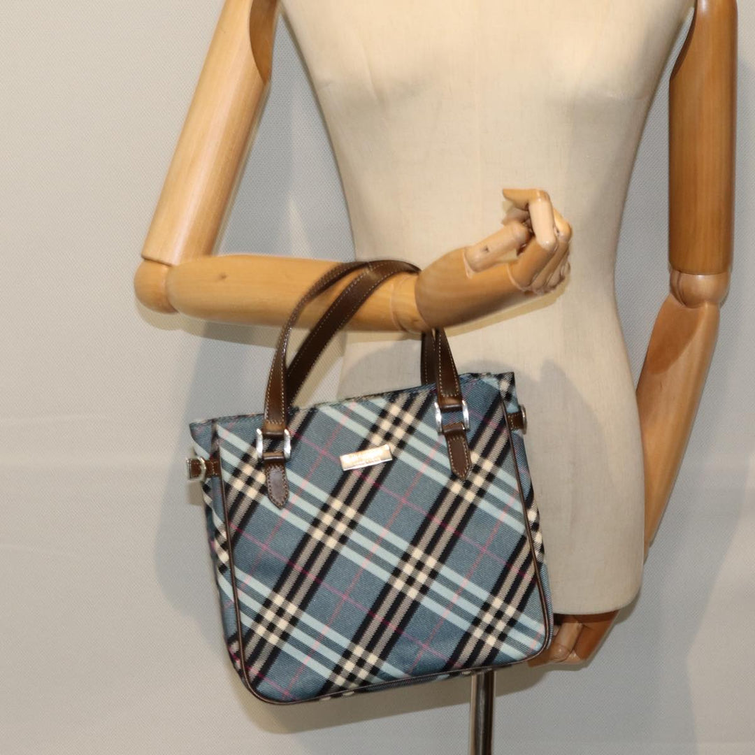 Burberry Nova Check Blue Label Hand Bag Nylon Light Blue Brown Auth 78854