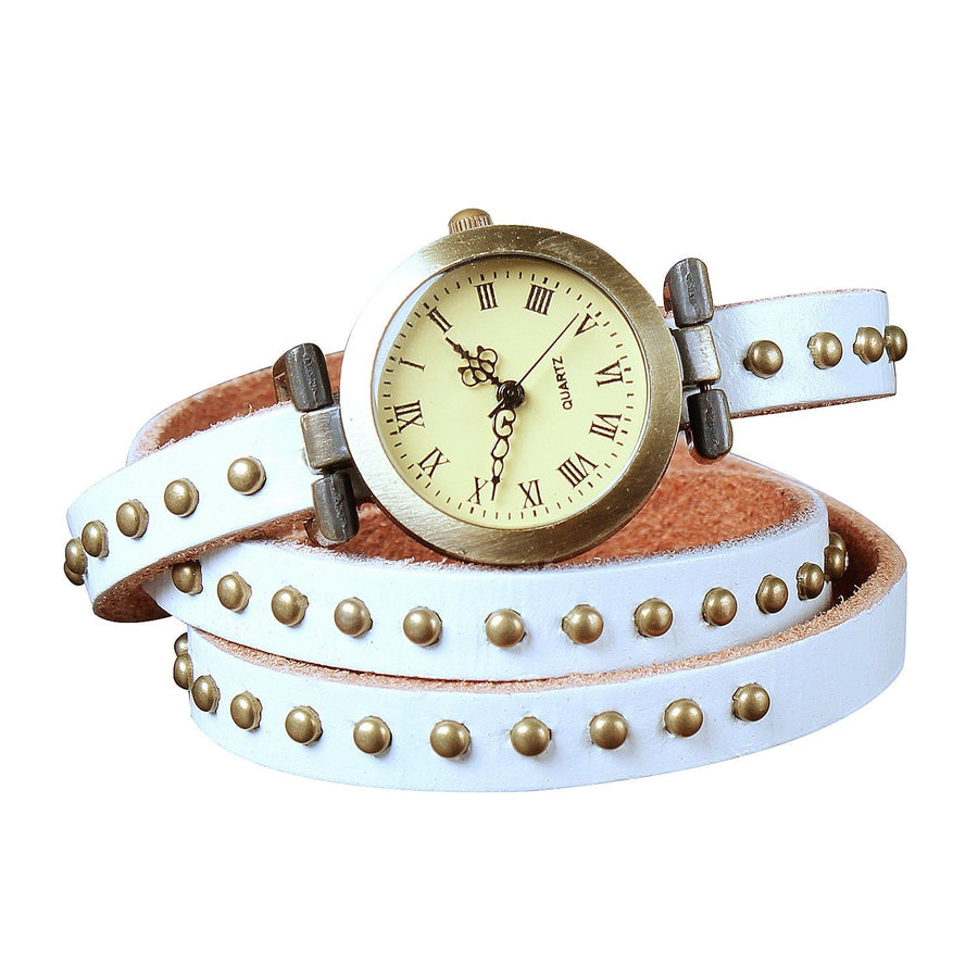 title:Fashionable Rivet Leather Belt Retro Watch Hand Chain-white;color:White