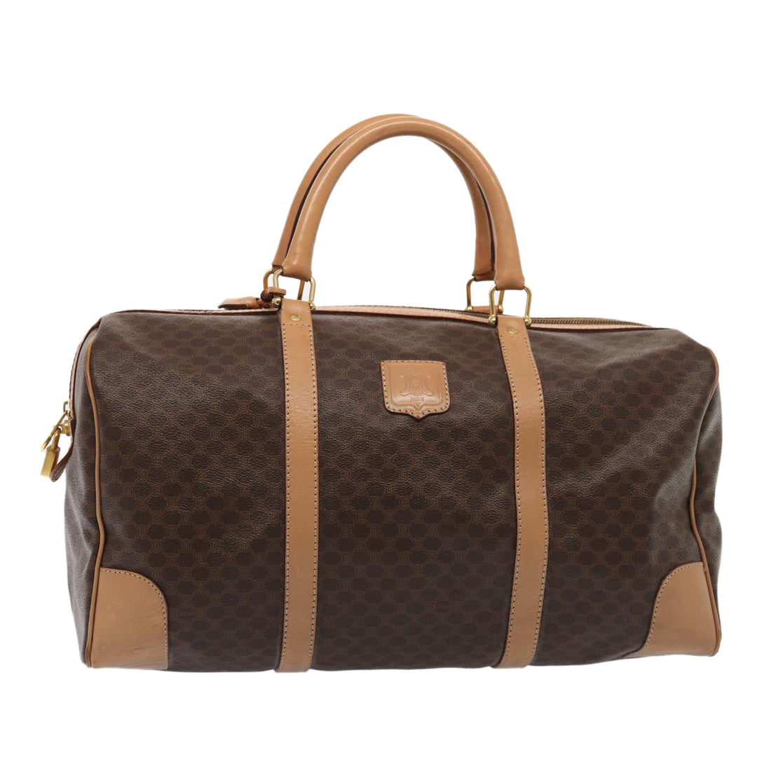 Celine Macadam Canvas Boston Bag PVC Leather Brown Auth 79681
