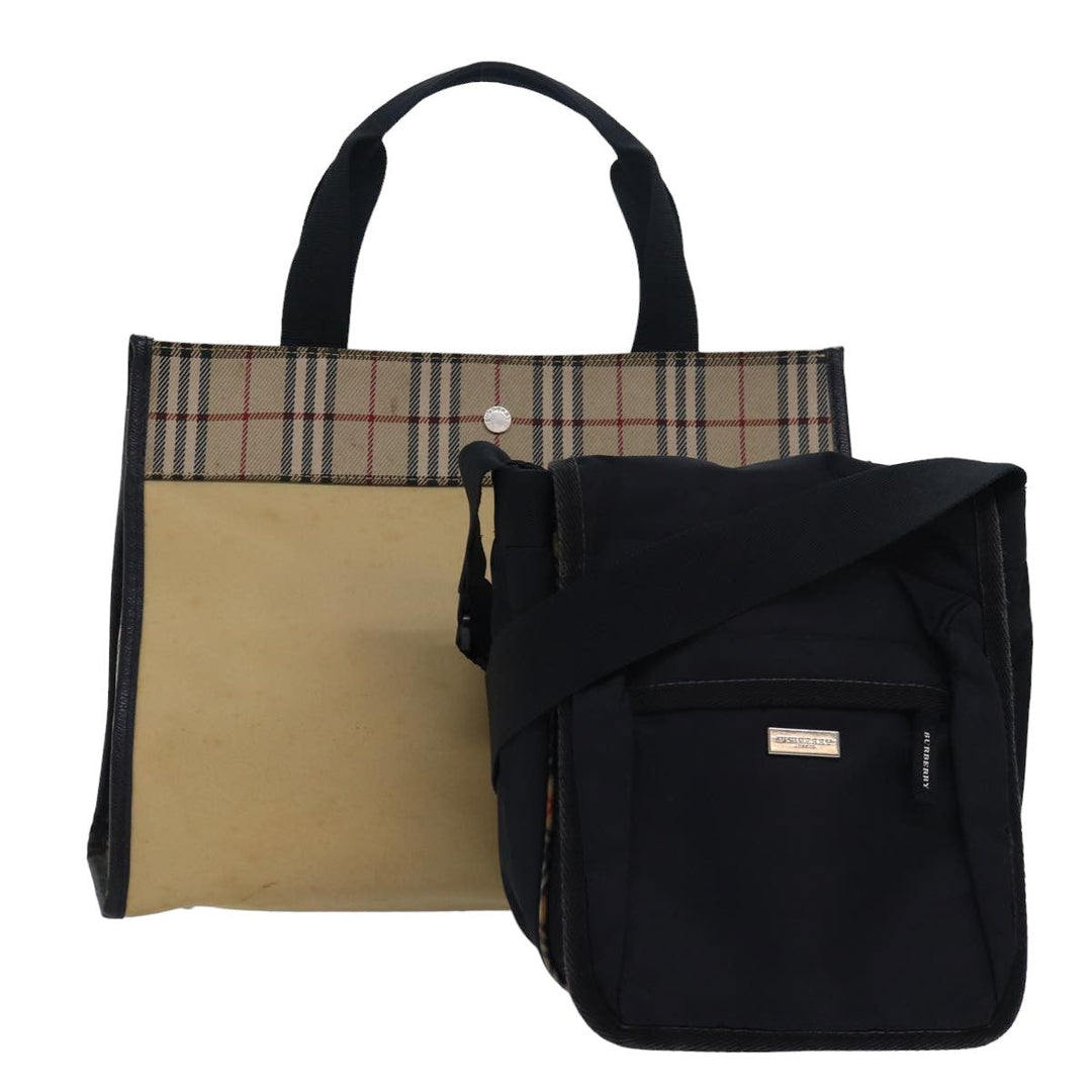 Burberry Nova Check Hand Bag Nylon 2Set Beige Black Auth 79786