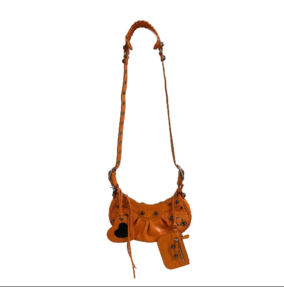 balenciaga Orange Le Cagole XS Shoulder Bag Crocodile Embossed Studded Crossbody