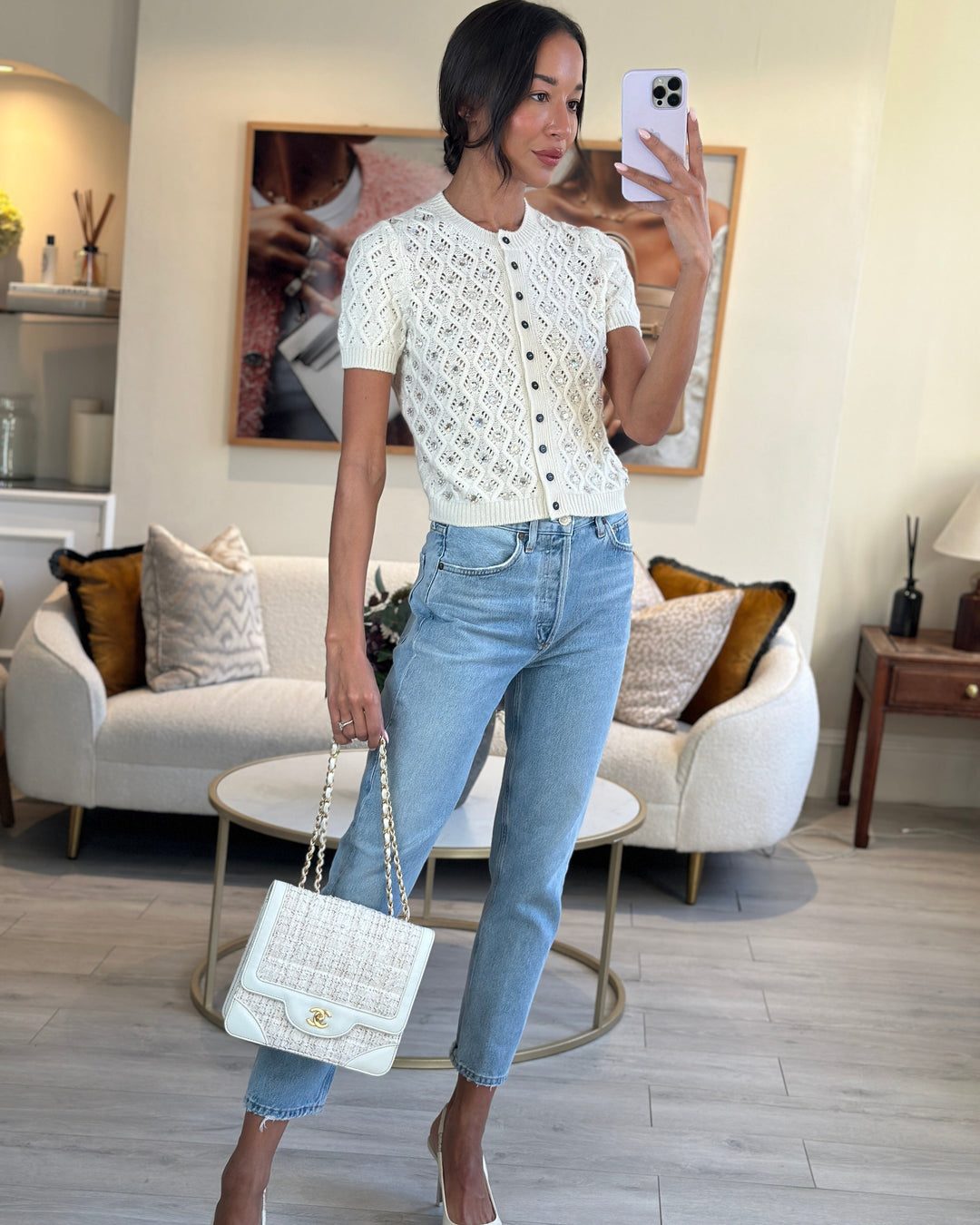 Top Quality Chanel Small White Tweed and Aged Calfskin Flap Bag with Brushed Gold Hardware