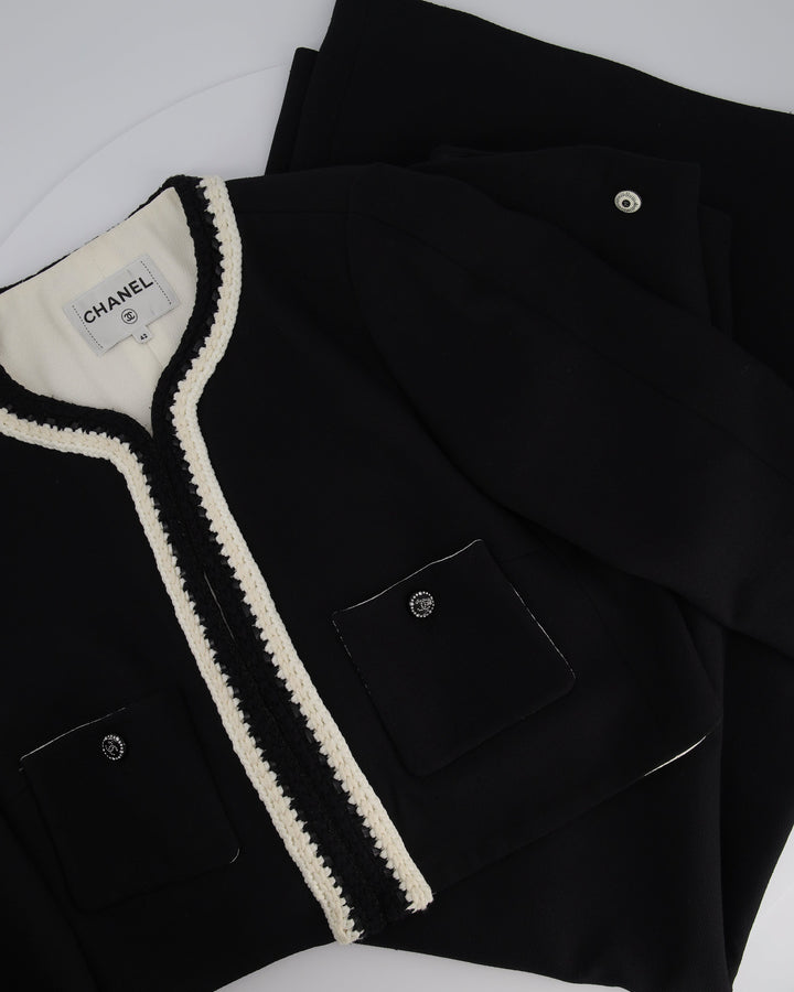 *SUPER HOT* Top Quality Chanel 22C Black, White Metallic Tweed Trim Silk Jacket and Wide-Leg Trouser Set with Crystal CC Logo Detail Size FR 42-44 (UK 14-16) Jacket RRP ¬£5,420