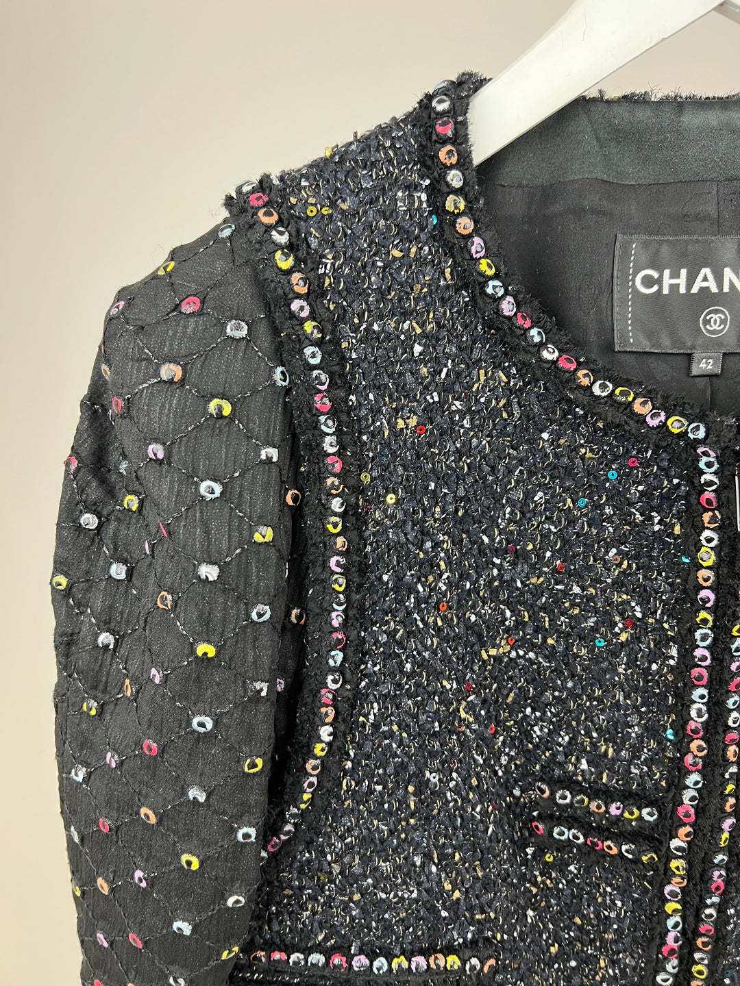 Top Quality Chanel  Fall 2017 Black Tweed Jacket with Multicoloured Sequin Details Size FR 42 (UK 14)