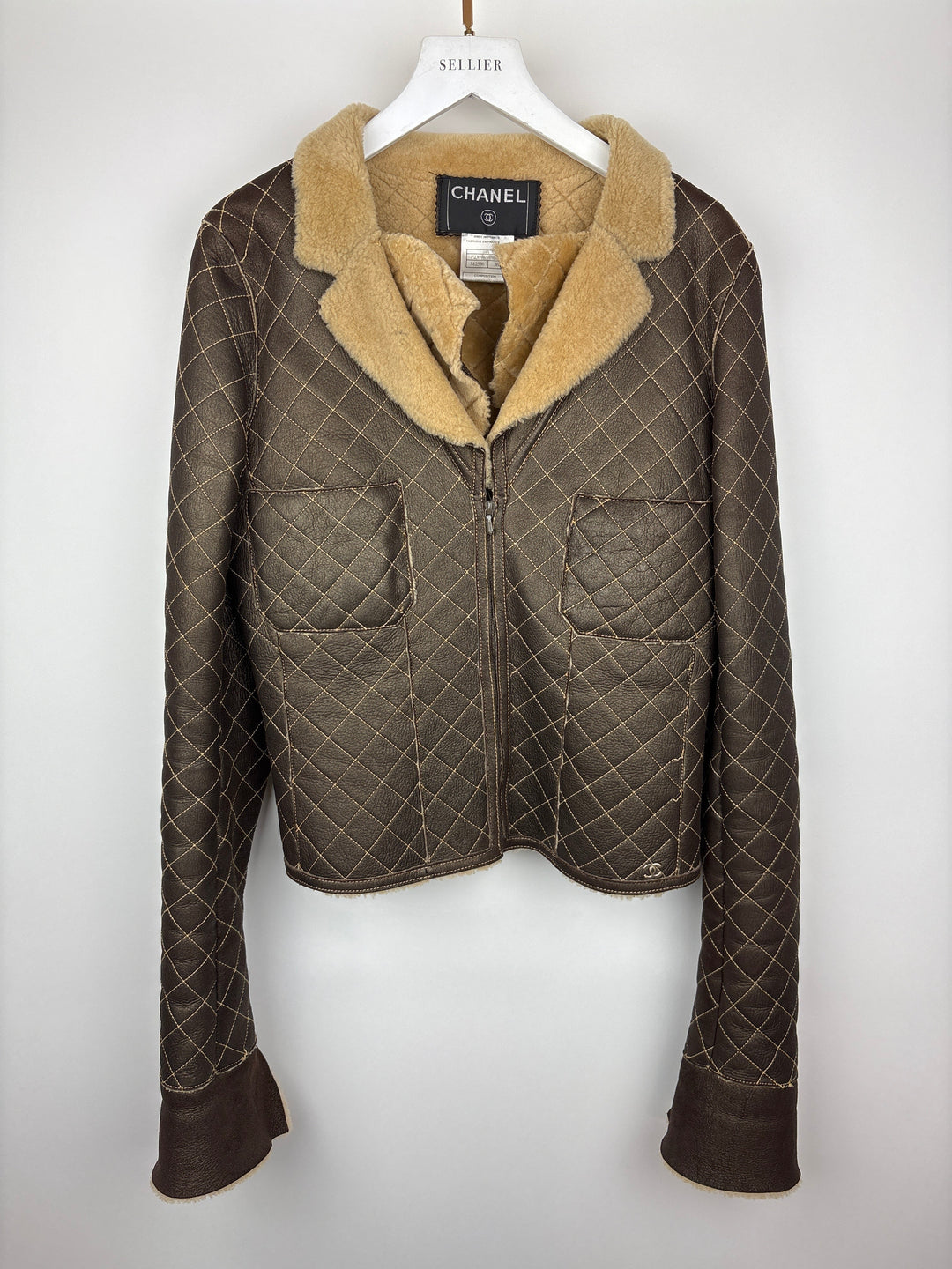 Top Quality Chanel Brown Quilted Stitch Shearling Zip -Up Jacket With Double Collar Detail FR 36 (UK 8)