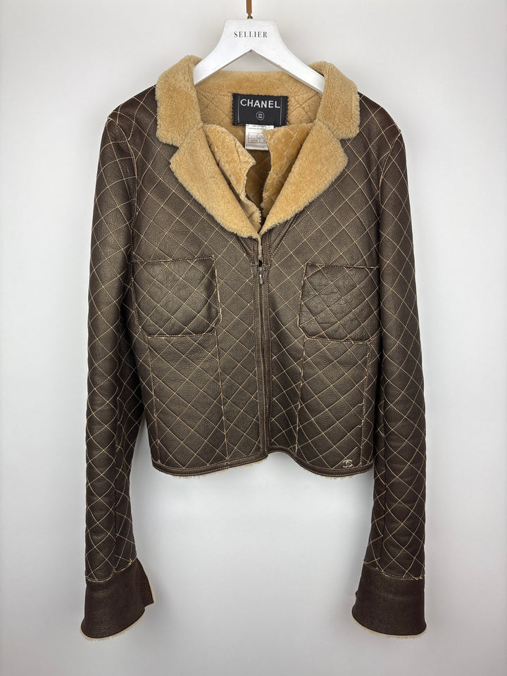 Top Quality Chanel Brown Quilted Stitch Shearling Zip -Up Jacket With Double Collar Detail FR 36 (UK 8)