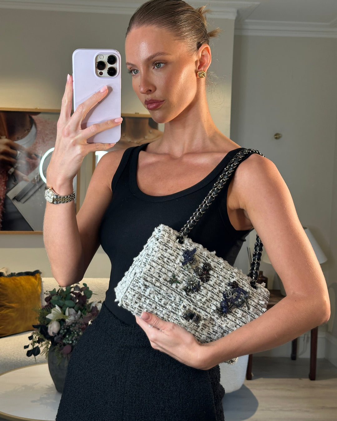 Top Quality Chanel White and Black Tweed Medium Reissue Double Flap Bag with Embellished Detail and Gun-Metal Hardware RRP ¬£8,180