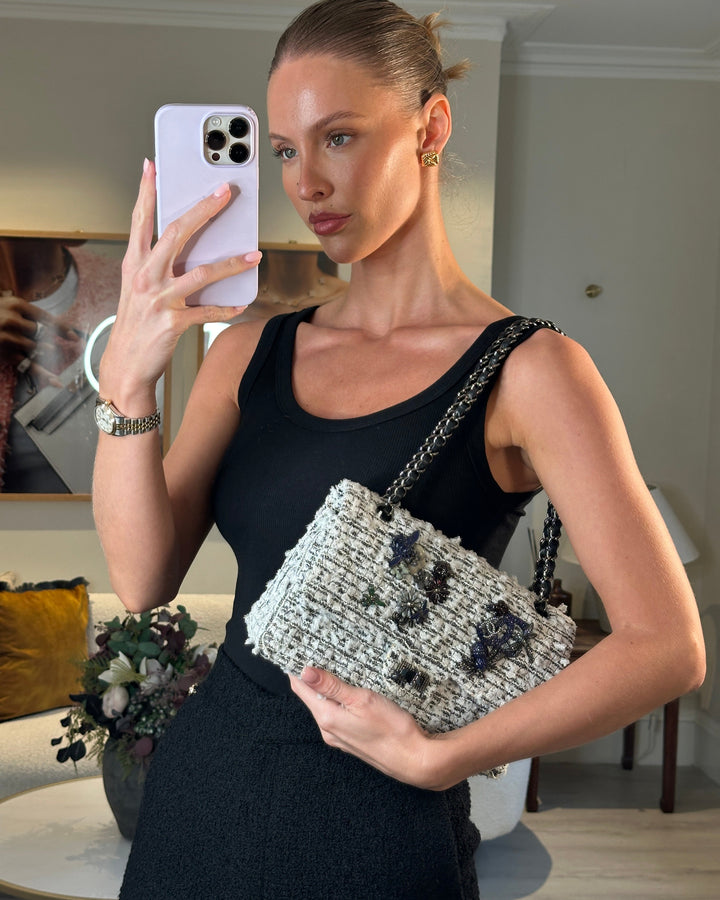 Top Quality Chanel White and Black Tweed Medium Reissue Double Flap Bag with Embellished Detail and Gun-Metal Hardware RRP ¬£8,180