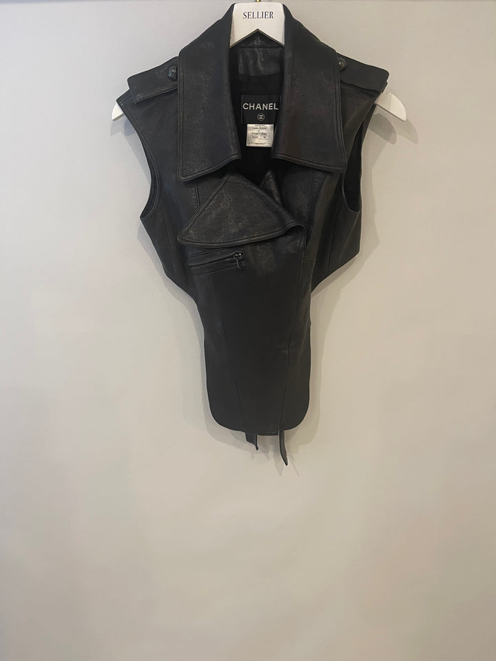 Top Quality Chanel 12P Black Asymmetric Lambskin Leather Gilet with Belt Size FR 36 (UK 8) RRP ¬£5,500