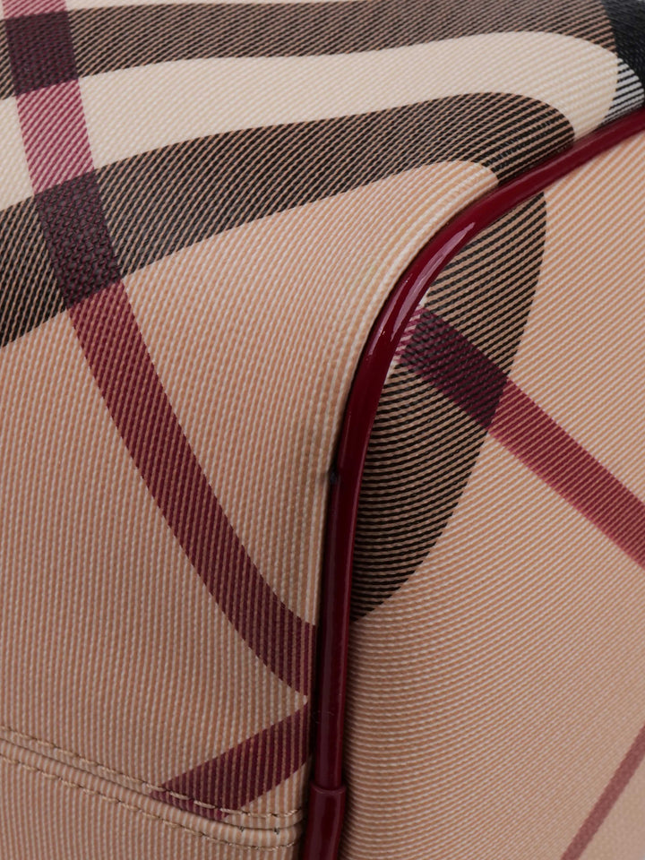 Burberry Haymarket Boston Bag with Dark Red Patent Trim.