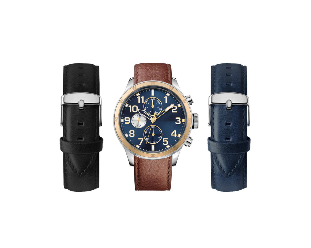 Men's Gold Tone Case Watch with Navy, Brown, Black Interchangeable Straps