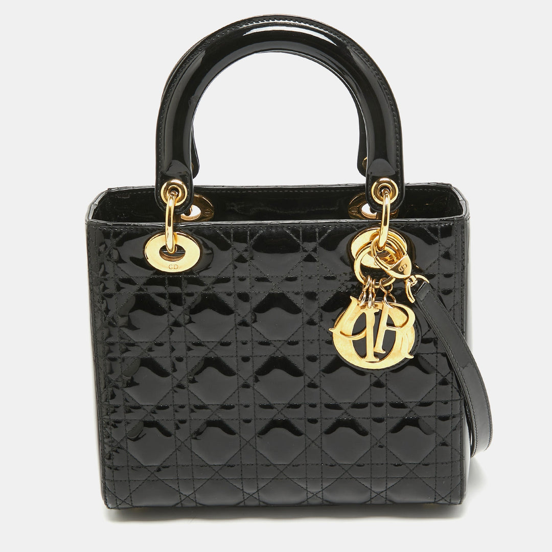 Top quality Dior Black Cannage Patent Leather Medium Lady Tote
