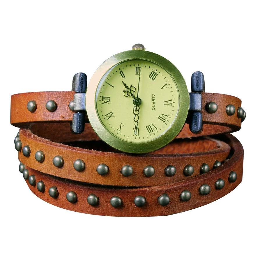 title:Fashionable Rivet Leather Belt Retro Watch Hand Chain-orangered;color:Orange Red