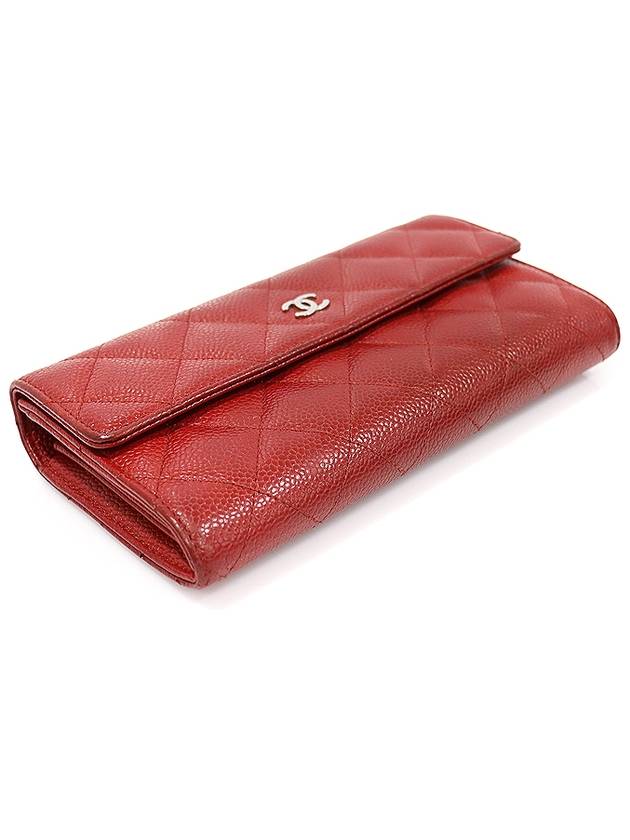 A50096 Red Caviar Silver CC Logo Classic Timeless Flap Long Wallet 21st Chanel