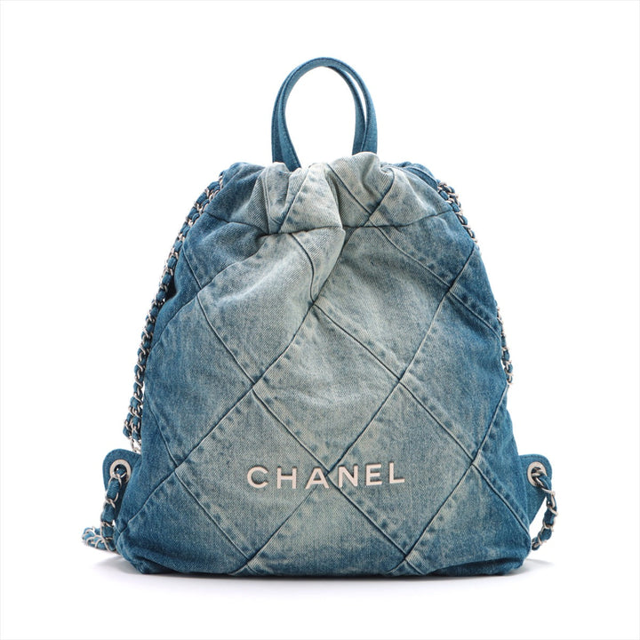 Top Quality Chanel 22 Backpack Denim Chainsaw Blue Silver  AS3859