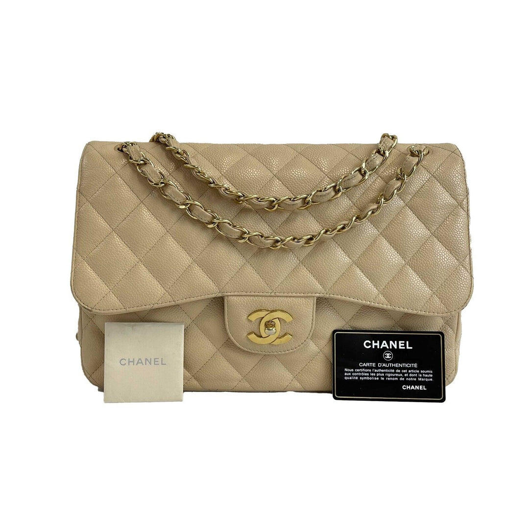 Chanel - Large CC Caviar Leather Double New Tan Shoulder Bag