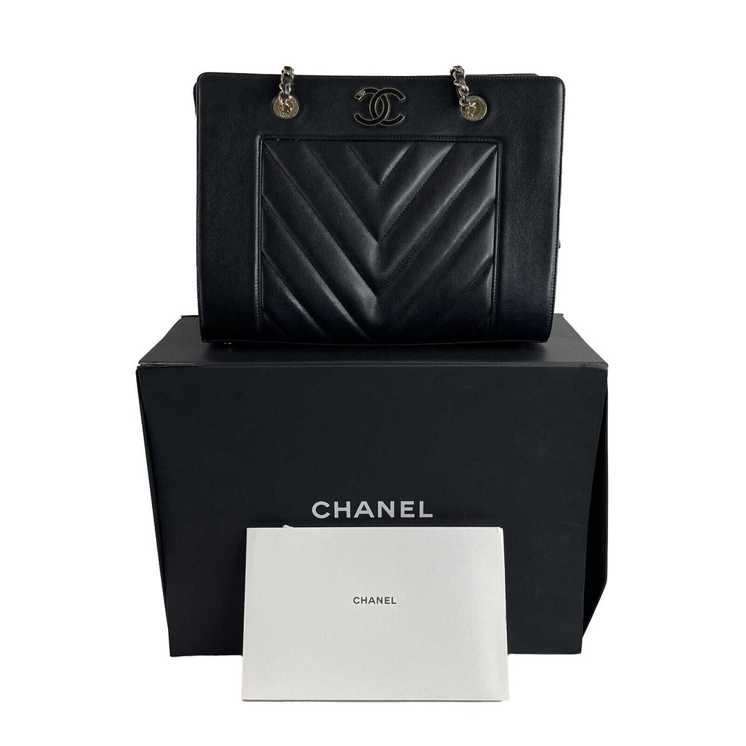 Chanel - Mademoiselle Large Shopping Tote -Black Leather CC Chevron Shoulder Bag