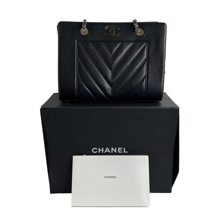 Chanel - Mademoiselle Large Shopping Tote -Black Leather CC Chevron Shoulder Bag