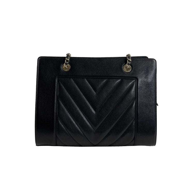 Chanel - Mademoiselle Large Shopping Tote -Black Leather CC Chevron Shoulder Bag